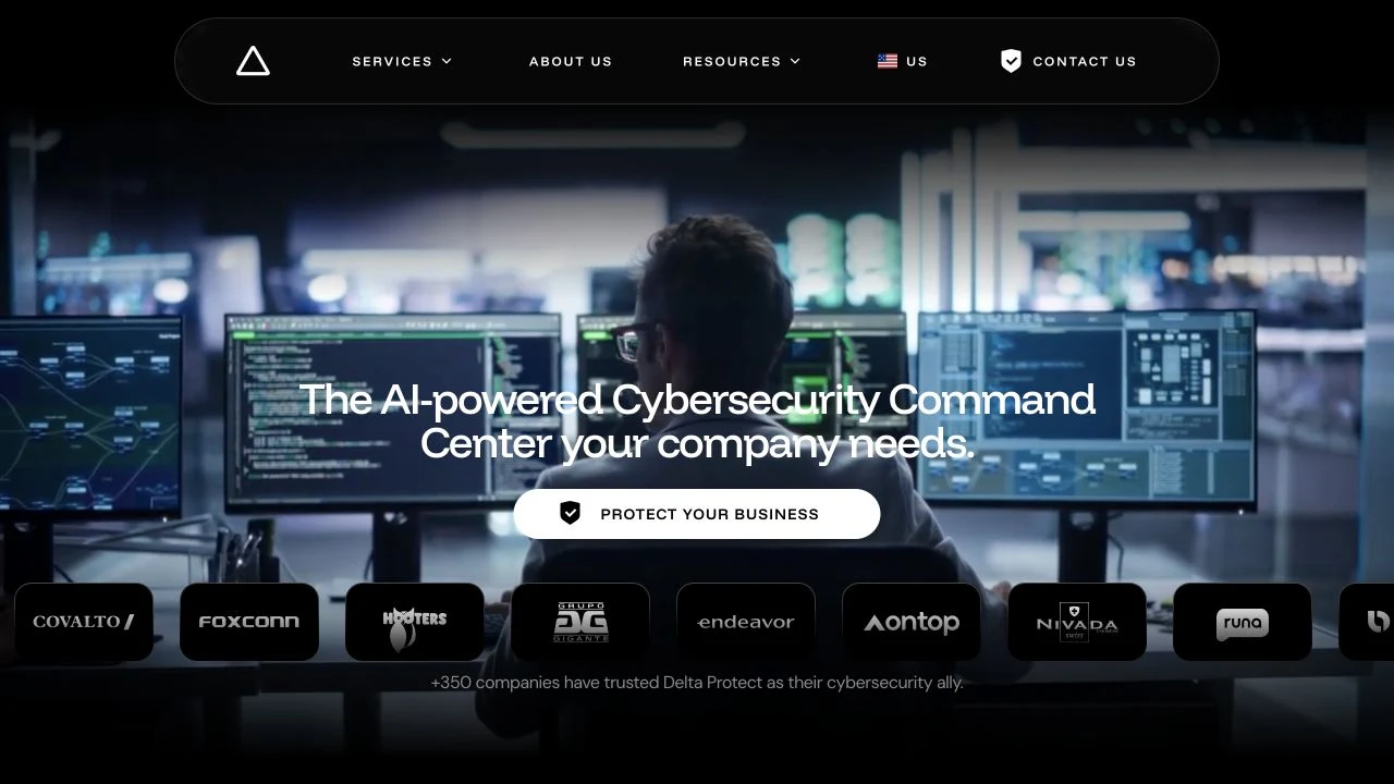 Delta Protect’s cybersecurity website, showing its service navigation and command-center positioning.