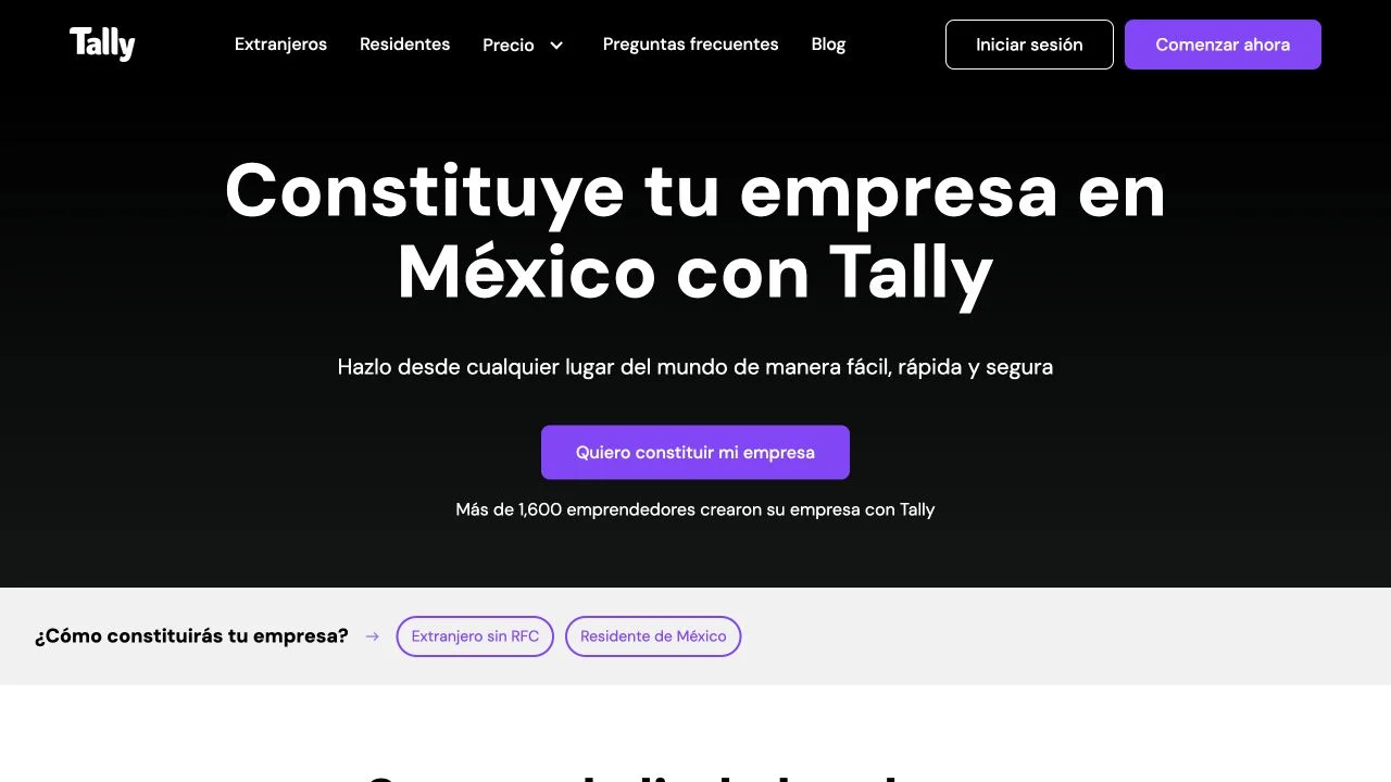 Tally’s company-formation website, with its service introduction and paths for international and Mexican founders.